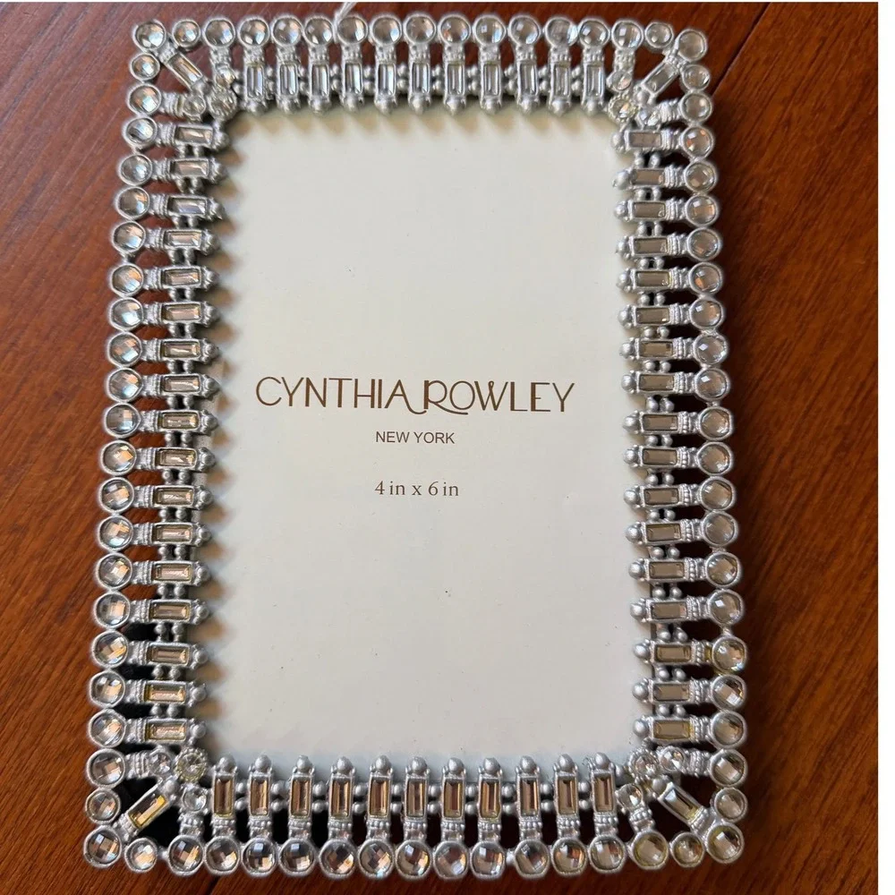 Cynthia Rowley Silver Jeweled Crystal 4x6 Picture Frame Glam Art Deco Regency
